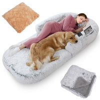 HKM-6017469 Large Foldable Human-Sized Dog Bed with Pillow and Blanket, Removable Zipped Cover, Plush Material, Grey 71x45x10in