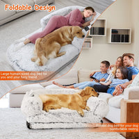 HKM-6017469 Large Foldable Human-Sized Dog Bed with Pillow and Blanket, Removable Zipped Cover, Plush Material, Grey 71x45x10in
