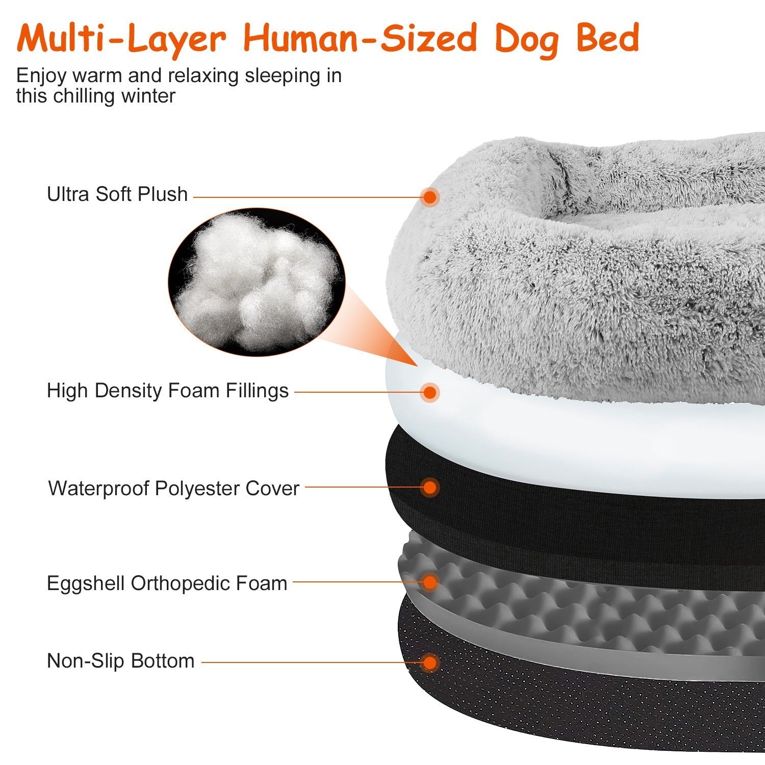 HKM-6017469 Large Foldable Human-Sized Dog Bed with Pillow and Blanket, Removable Zipped Cover, Plush Material, Grey 71x45x10in