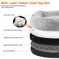 HKM-6017469 Large Foldable Human-Sized Dog Bed with Pillow and Blanket, Removable Zipped Cover, Plush Material, Grey 71x45x10in