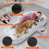 HKM-6017469 Large Foldable Human-Sized Dog Bed with Pillow and Blanket, Removable Zipped Cover, Plush Material, Grey 71x45x10in