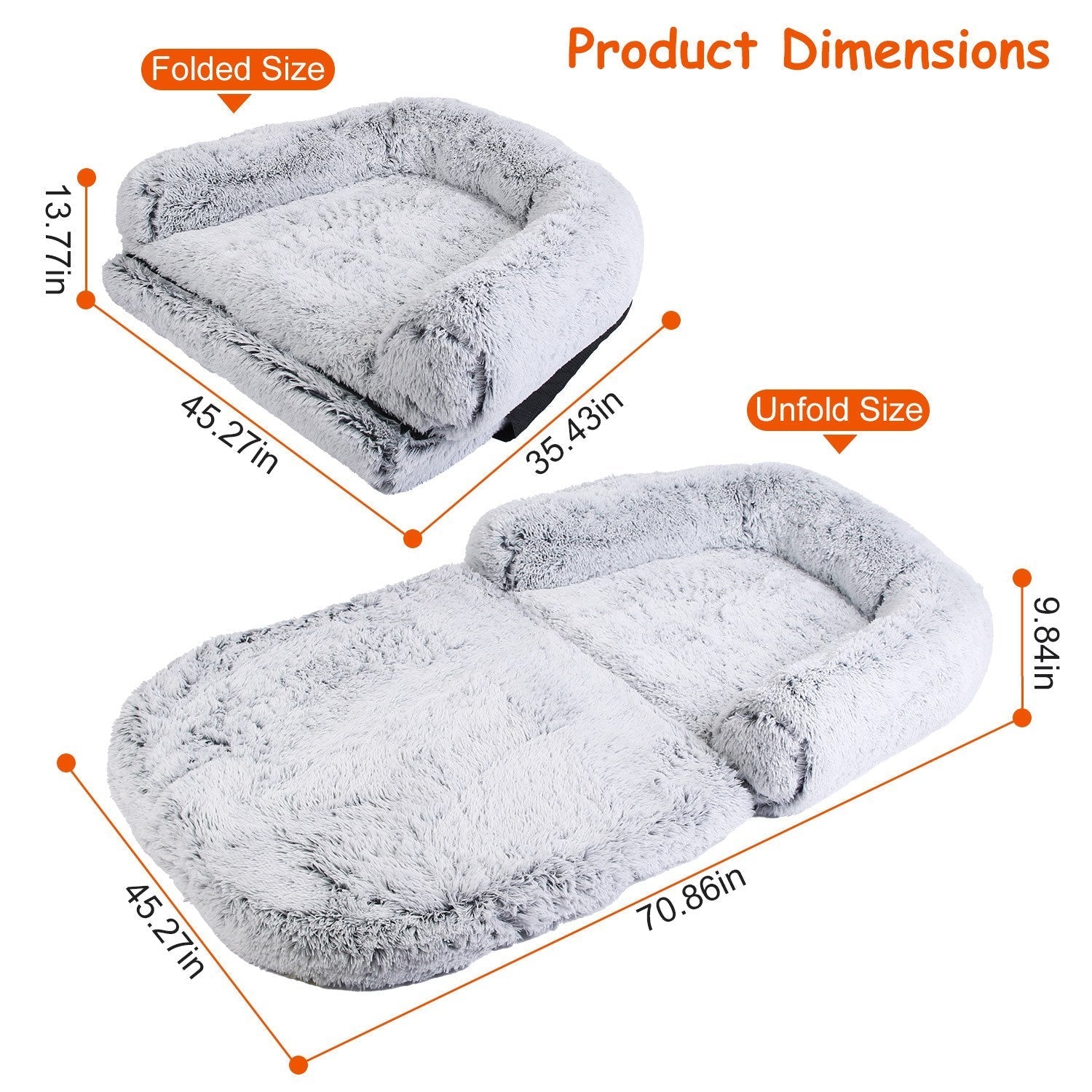 HKM-6017469 Large Foldable Human-Sized Dog Bed with Pillow and Blanket, Removable Zipped Cover, Plush Material, Grey 71x45x10in