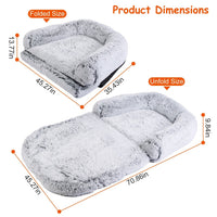 HKM-6017469 Large Foldable Human-Sized Dog Bed with Pillow and Blanket, Removable Zipped Cover, Plush Material, Grey 71x45x10in