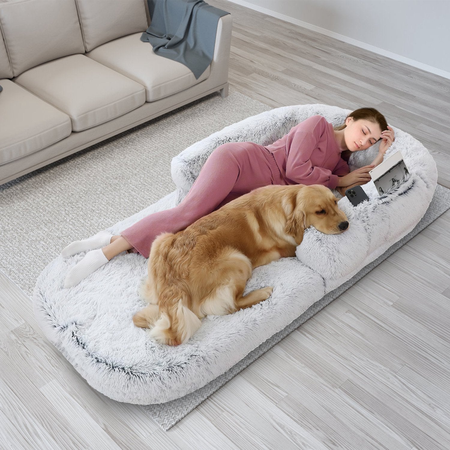 HKM-6017469 Large Foldable Human-Sized Dog Bed with Pillow and Blanket, Removable Zipped Cover, Plush Material, Grey 71x45x10in