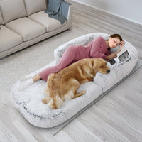 HKM-6017469 Large Foldable Human-Sized Dog Bed with Pillow and Blanket, Removable Zipped Cover, Plush Material, Grey 71x45x10in