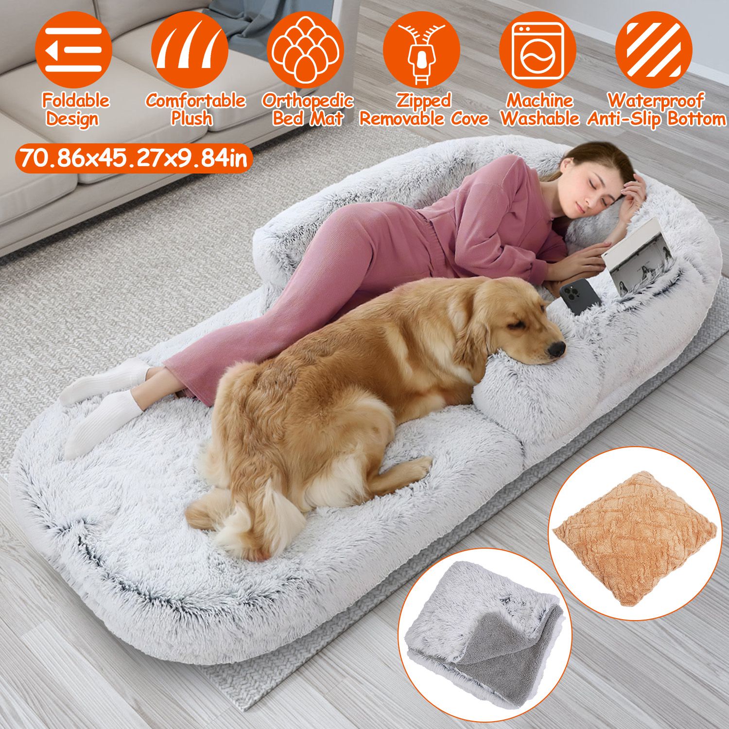 HKM-6017469 Large Foldable Human-Sized Dog Bed with Pillow and Blanket, Removable Zipped Cover, Plush Material, Grey 71x45x10in