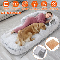 HKM-6017469 Large Foldable Human-Sized Dog Bed with Pillow and Blanket, Removable Zipped Cover, Plush Material, Grey 71x45x10in