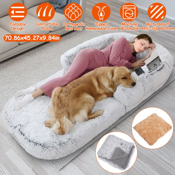 HKM-6017469 Large Foldable Human-Sized Dog Bed with Pillow and Blanket, Removable Zipped Cover, Plush Material, Grey 71x45x10in