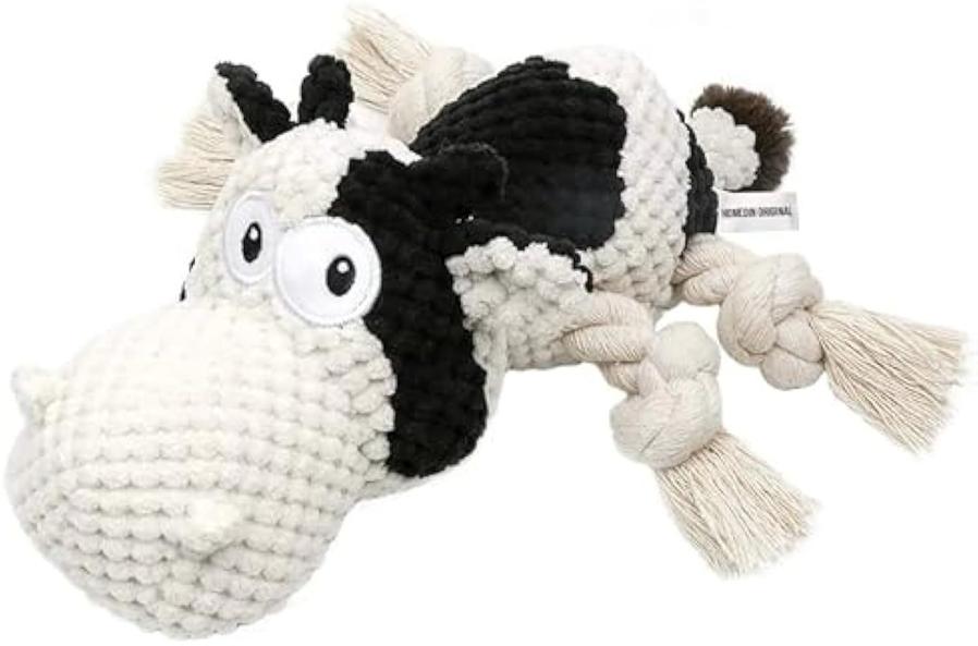 HKM-602323 Durable Cow Plush Dog Toy with Squeaker – Interactive Chew Toy for Small, Medium, and Large Dogs