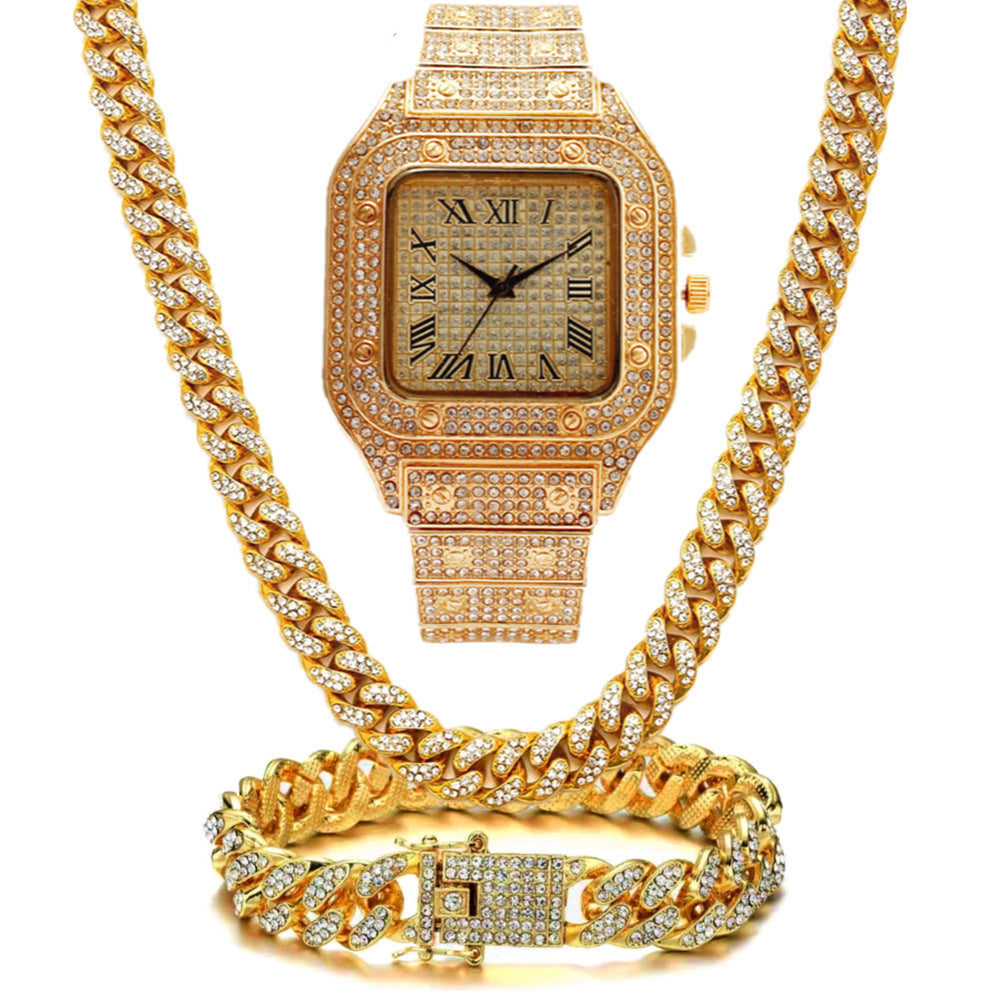 HKM-602643 Roman Scale Quartz Watch Set with Bracelet and Necklace - 3 Piece Luxury Fashion Ensemble