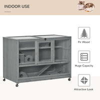 HKM-6028221 3-Tier Hamster Cage with Ladder and Wheels for Small Animals, Slate Grey Fir Wood Structure