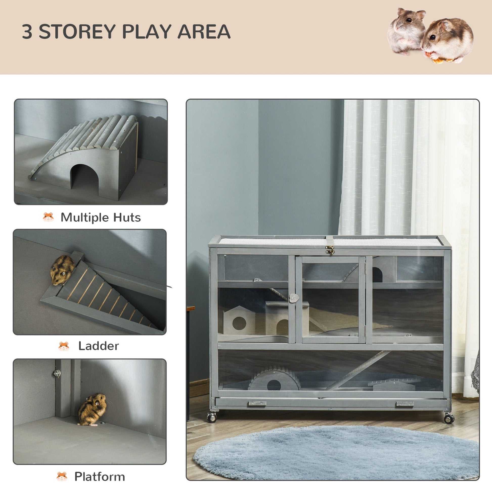 HKM-6028221 3-Tier Hamster Cage with Ladder and Wheels for Small Animals, Slate Grey Fir Wood Structure