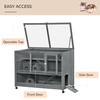 HKM-6028221 3-Tier Hamster Cage with Ladder and Wheels for Small Animals, Slate Grey Fir Wood Structure