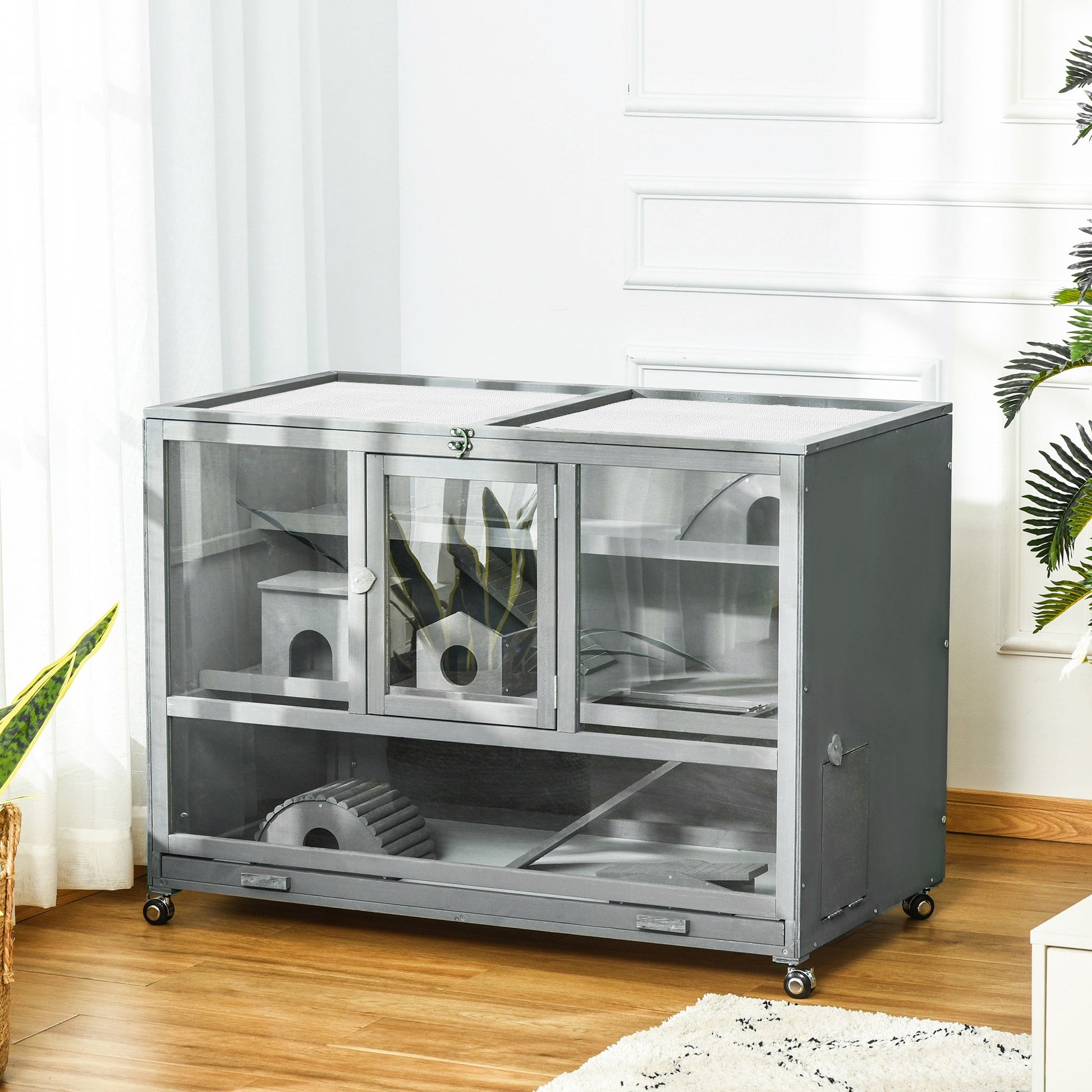 HKM-6028221 3-Tier Hamster Cage with Ladder and Wheels for Small Animals, Slate Grey Fir Wood Structure