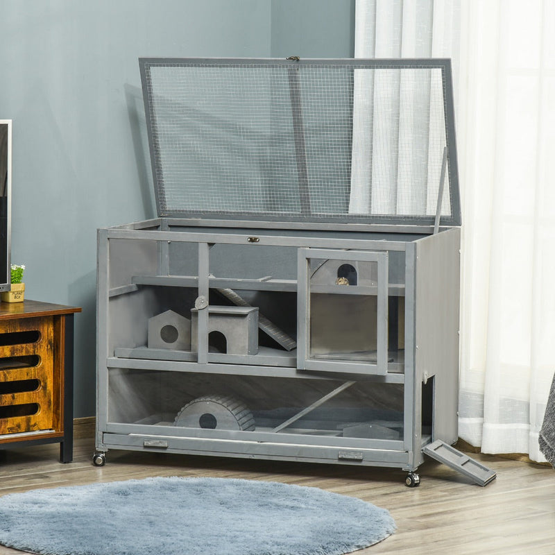 HKM-6028221 3-Tier Hamster Cage with Ladder and Wheels for Small Animals, Slate Grey Fir Wood Structure