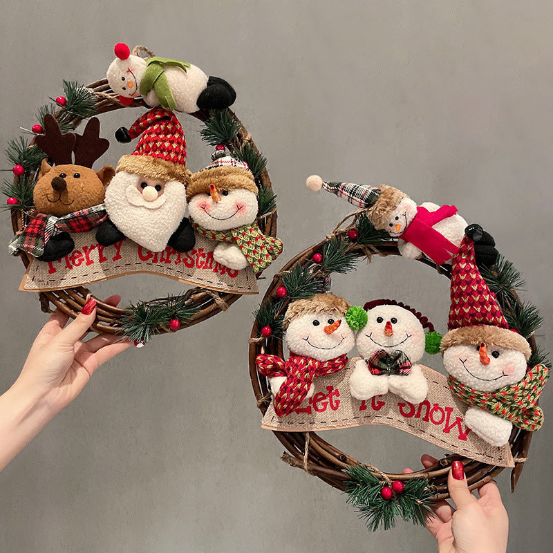 HKM-602899 Christmas Vine Ring Decoration Pendant - Santa Claus, Snowman, and Elk Designs - Rattan, Korean Style, 34CM/22.5CM