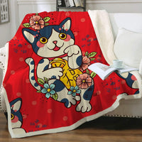 HKM-6031165 Cartoon Animal Pattern Cat Sherpa Blanket - Double Layer, Available in Multiple Sizes