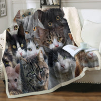 HKM-6031165 Cartoon Animal Pattern Cat Sherpa Blanket - Double Layer, Available in Multiple Sizes