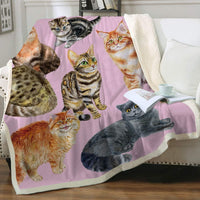 HKM-6031165 Cartoon Animal Pattern Cat Sherpa Blanket - Double Layer, Available in Multiple Sizes