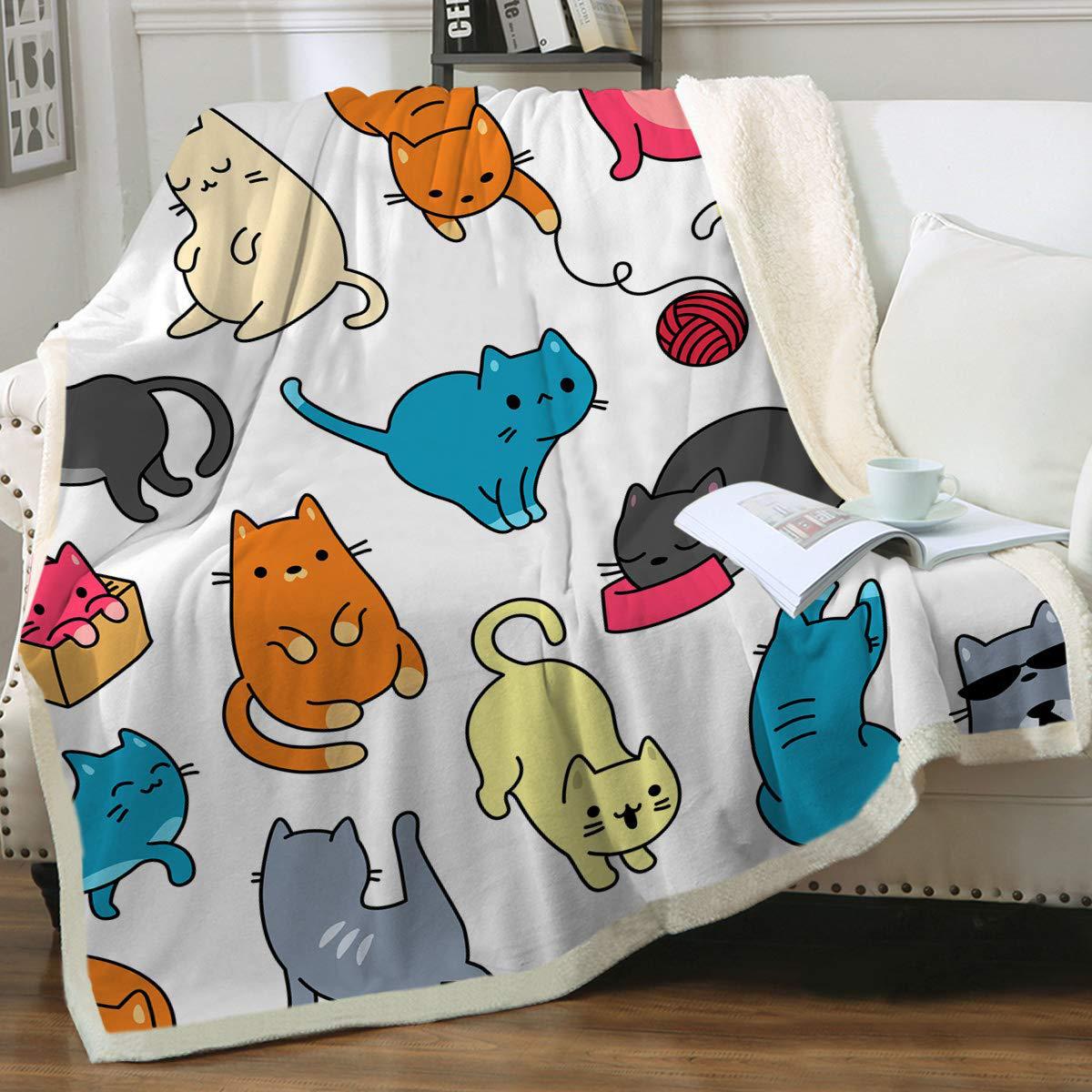 HKM-6031165 Cartoon Animal Pattern Cat Sherpa Blanket - Double Layer, Available in Multiple Sizes