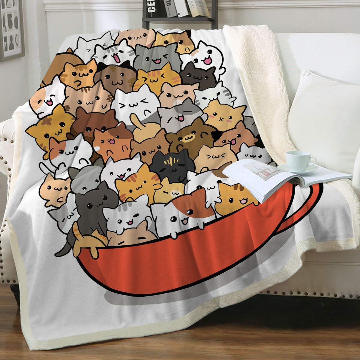 HKM-6031165 Cartoon Animal Pattern Cat Sherpa Blanket - Double Layer, Available in Multiple Sizes