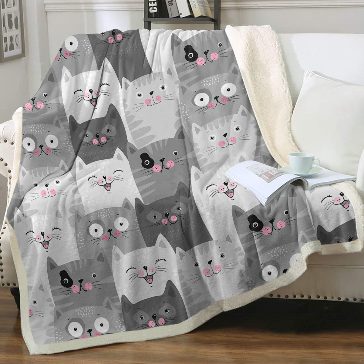 HKM-6031165 Cartoon Animal Pattern Cat Sherpa Blanket - Double Layer, Available in Multiple Sizes