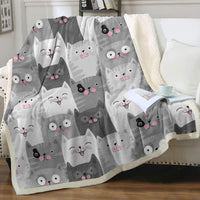 HKM-6031165 Cartoon Animal Pattern Cat Sherpa Blanket - Double Layer, Available in Multiple Sizes