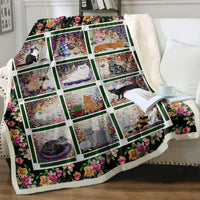HKM-6031165 Cartoon Animal Pattern Cat Sherpa Blanket - Double Layer, Available in Multiple Sizes