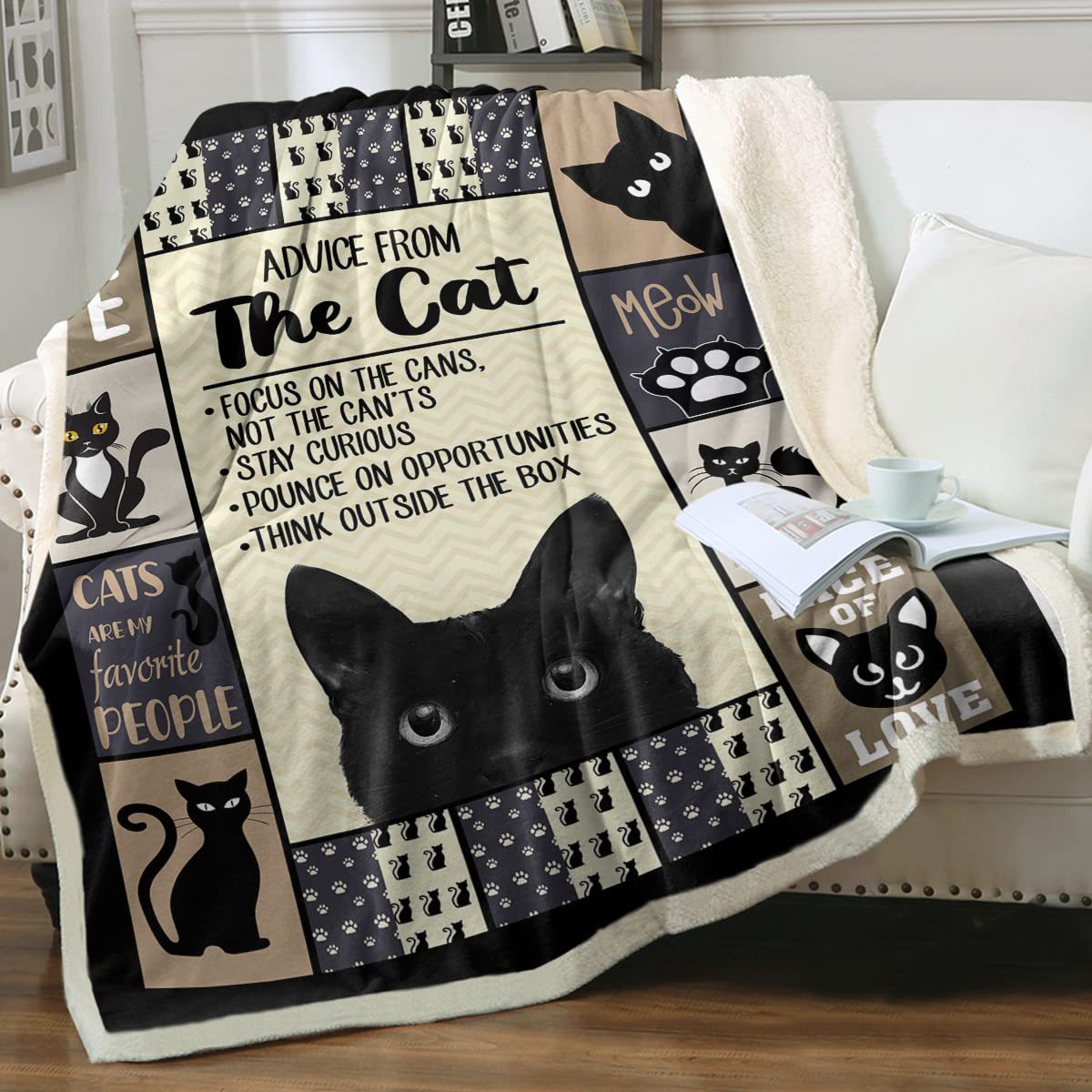HKM-6031165 Cartoon Animal Pattern Cat Sherpa Blanket - Double Layer, Available in Multiple Sizes