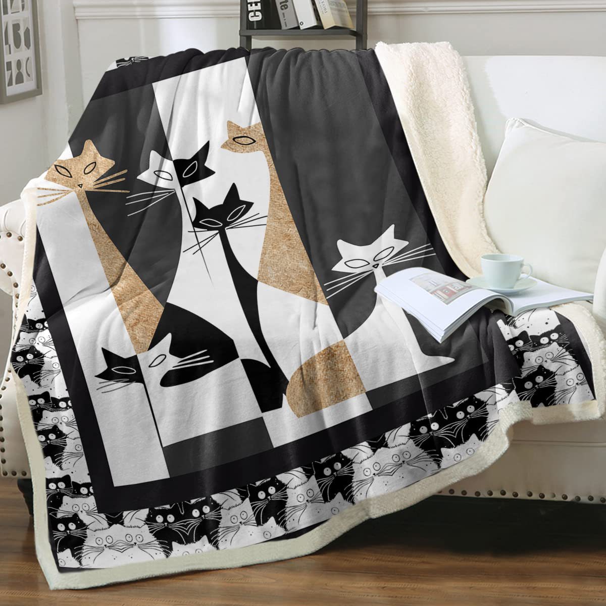 HKM-6031165 Cartoon Animal Pattern Cat Sherpa Blanket - Double Layer, Available in Multiple Sizes