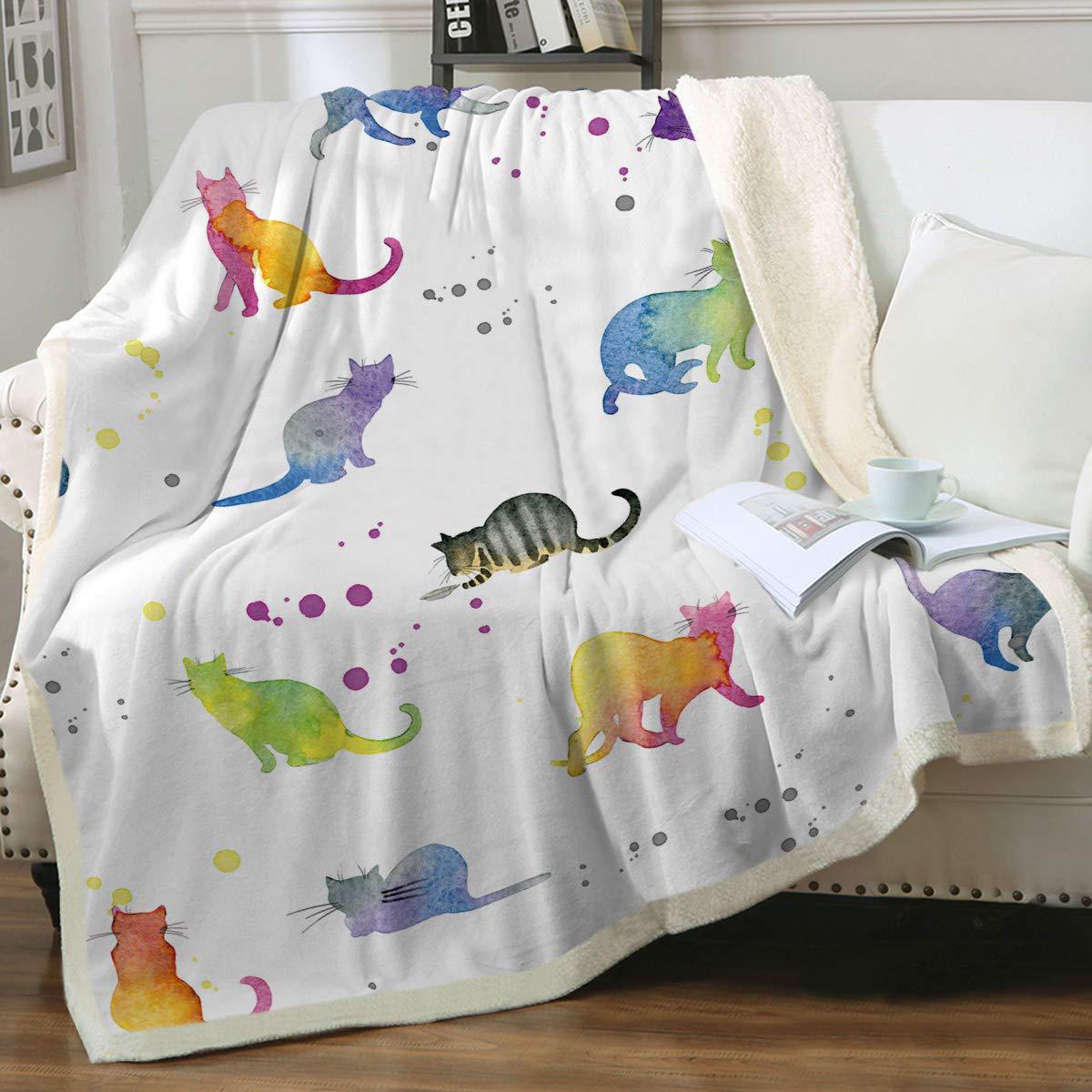 HKM-6031165 Cartoon Animal Pattern Cat Sherpa Blanket - Double Layer, Available in Multiple Sizes