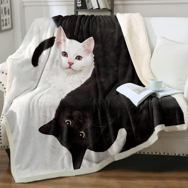 HKM-6031165 Cartoon Animal Pattern Cat Sherpa Blanket - Double Layer, Available in Multiple Sizes