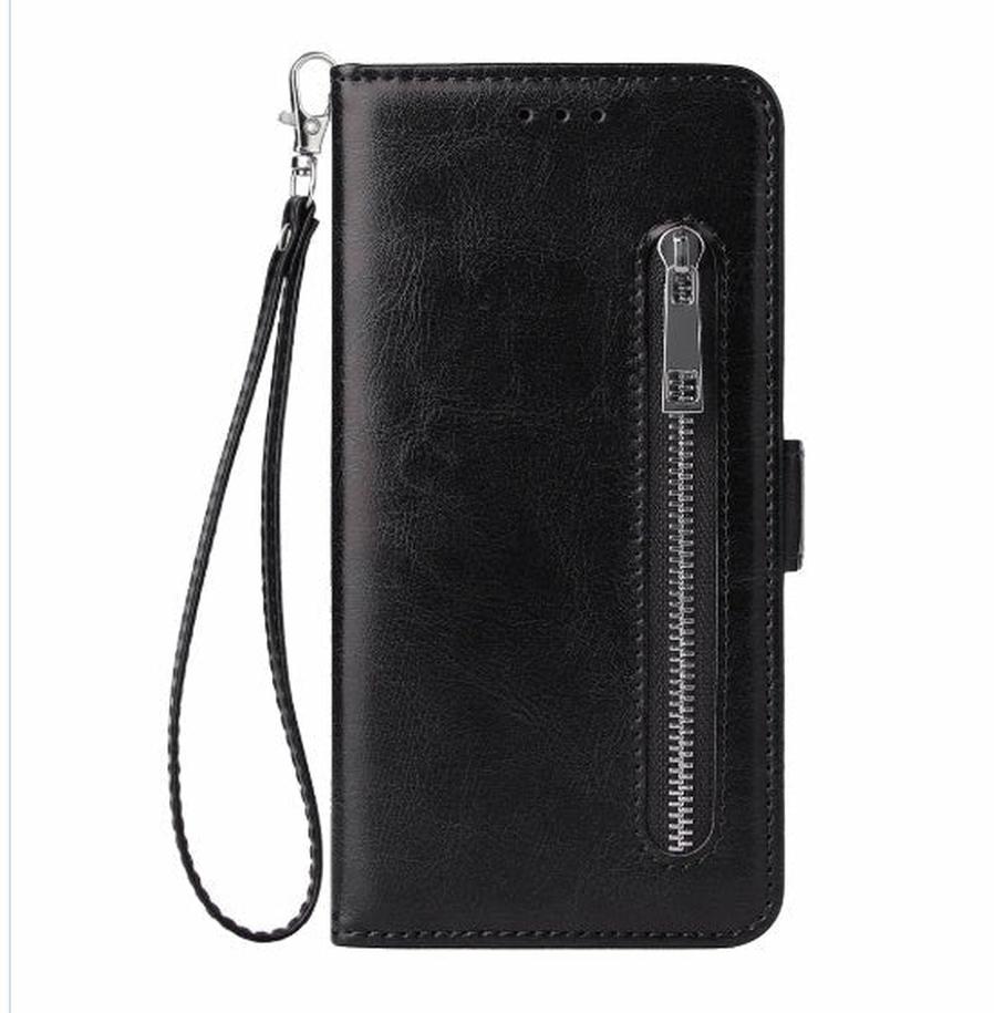 HKM-603155 Stylish TPU Leather Zipper Calf Shell Case for iPhone - Retro Business Card Protection
