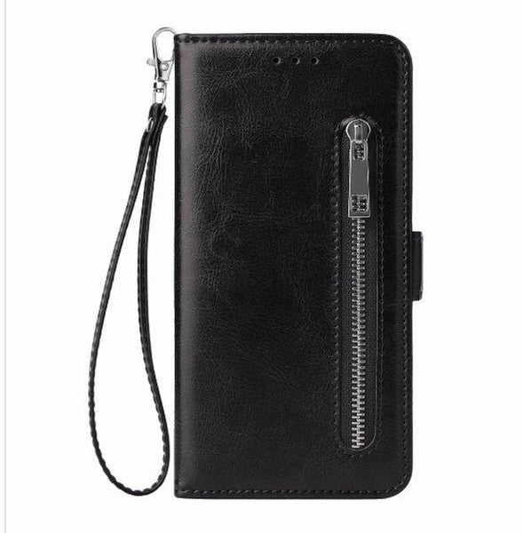HKM-603155 Stylish TPU Leather Zipper Calf Shell Case for iPhone - Retro Business Card Protection