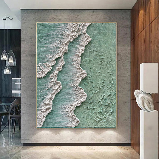 HKM-603219 Abstract Ocean Waves Textured Oil Painting on Canvas - Green and White Decorative Art for Home and Office