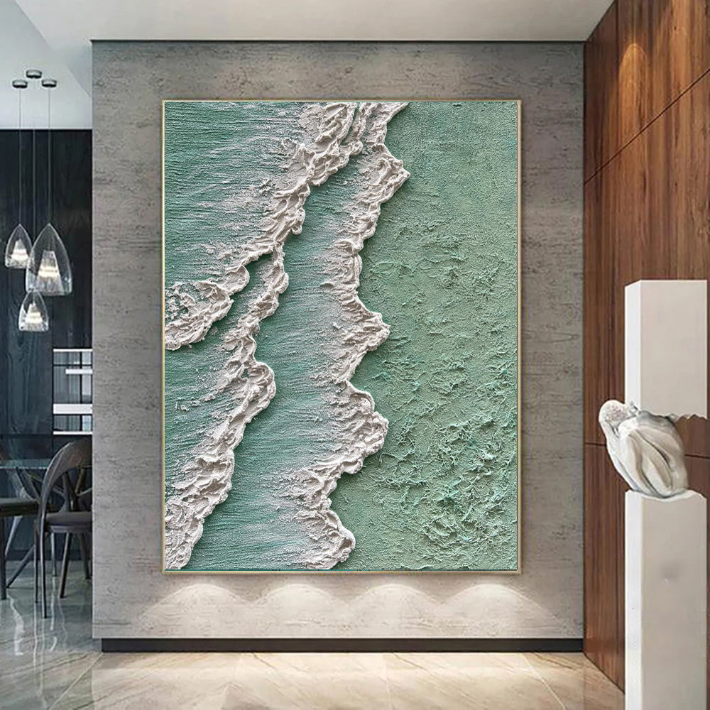 HKM-603219 Abstract Ocean Waves Textured Oil Painting on Canvas - Green and White Decorative Art for Home and Office