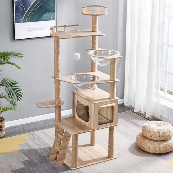 HKM-6033597 Cat Climbing Frame with Nest, Scratch Board & Dustbin - Plush Material, Multiple Colors Available
