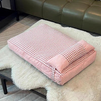 HKM-6033981 Plaid Pet Bed with Removable and Washable Mattress in Khaki and Pink Options