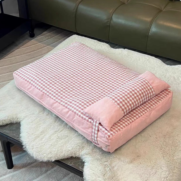 HKM-6033981 Plaid Pet Bed with Removable and Washable Mattress in Khaki and Pink Options