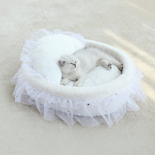 HKM-6034365 Semi-Enclosed Cat House with Soft Cloth Design in Gray, Pink, and White - Available in Two Sizes (M & L)