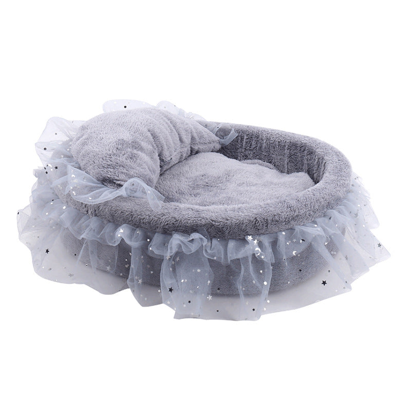HKM-6034365 Semi-Enclosed Cat House with Soft Cloth Design in Gray, Pink, and White - Available in Two Sizes (M & L)