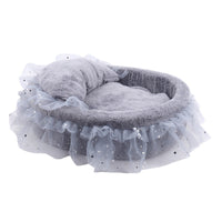 HKM-6034365 Semi-Enclosed Cat House with Soft Cloth Design in Gray, Pink, and White - Available in Two Sizes (M & L)