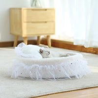 HKM-6034365 Semi-Enclosed Cat House with Soft Cloth Design in Gray, Pink, and White - Available in Two Sizes (M & L)