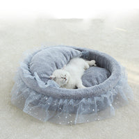 HKM-6034365 Semi-Enclosed Cat House with Soft Cloth Design in Gray, Pink, and White - Available in Two Sizes (M & L)