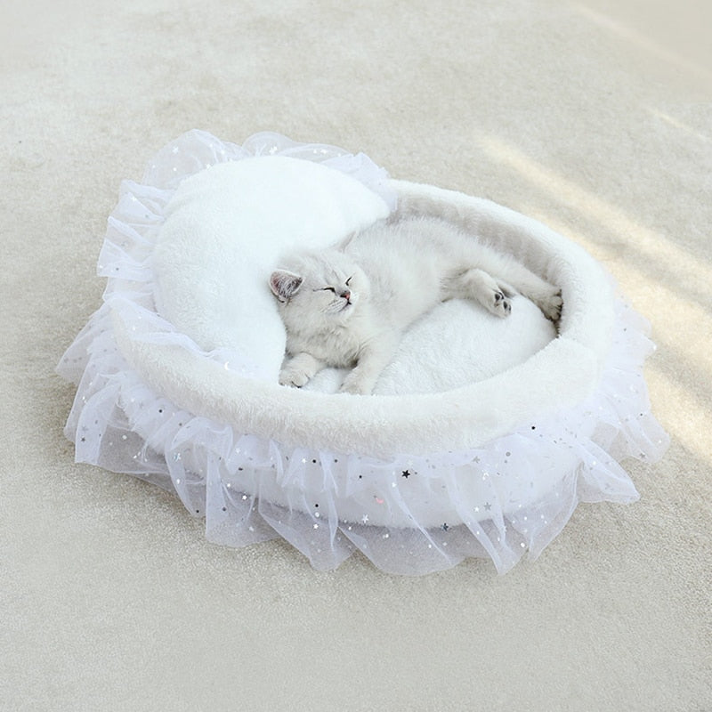 HKM-6034365 Semi-Enclosed Cat House with Soft Cloth Design in Gray, Pink, and White - Available in Two Sizes (M & L)