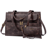 HKM-6035411 vintage leather laptop tote bag in dark coffee mottled finish with matching clutch