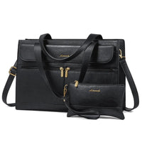 HKM-6035411 vintage leather laptop tote bag in black with magnetic flap matching clutch and gold hardware