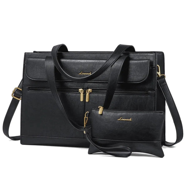 HKM-6035411 Vintage Leather Laptop Tote Bag for 15.6-Inch Laptops with Eight Organizer Pockets and a Matching Clutch for Work