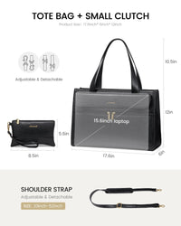 HKM-6035411 laptop tote bag dimensions 17.6 by 6 by 12 inches with adjustable detachable shoulder strap and clutch size