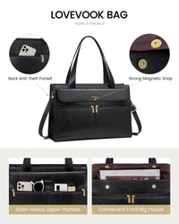 HKM-6035411 laptop tote bag details back zip pocket magnetic snap front flap outer zip pockets and front big pocket